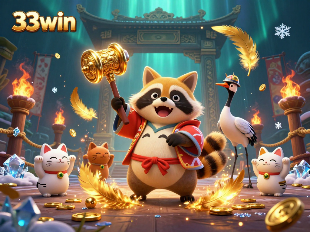 Engage in exciting gameplay with 33win as the tanuki festival mascot invites luck and fortune.