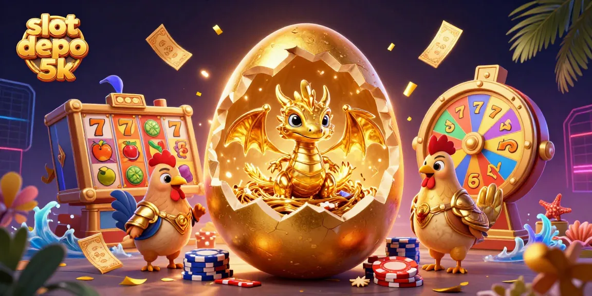 Experience slot depo 5k with a vibrant illustration of a golden dragon on poker chips and casino elements.