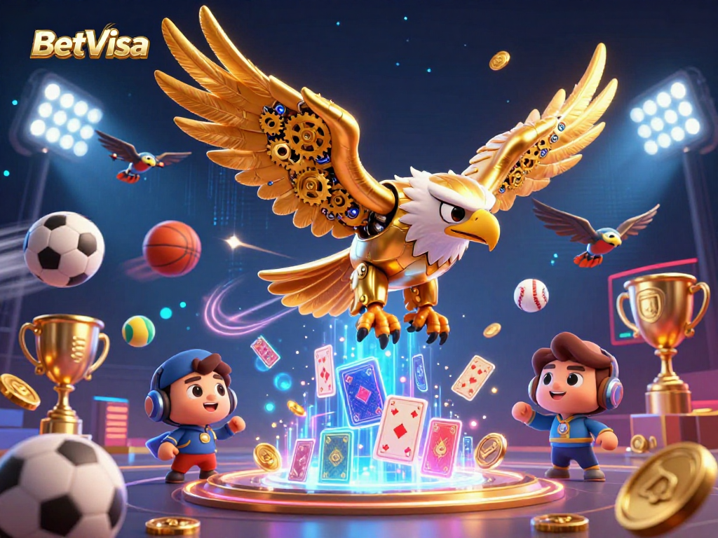 BetVisa casino showcases a dynamic 3D scene with cybernetic eagle diving through playing cards.