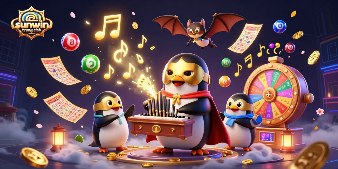 Experience sunwin trang chính with a 3D cartoon penguin playing a golden organ, surrounded by vibrant gaming elements.