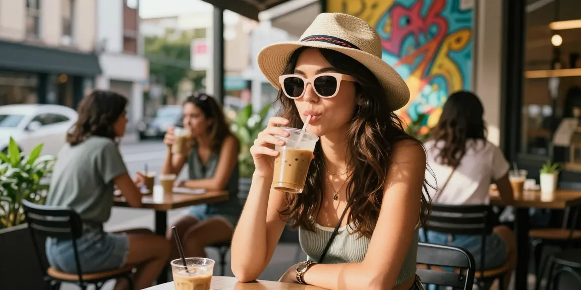 Mulher usando óculos de sol estilosos em café moderno, luz suave de tarde.