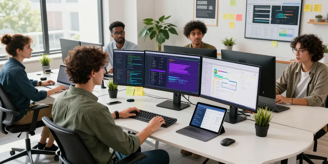 Diverse team collaborating in a modern workspace at romulus.digital showcases vibrant software development.