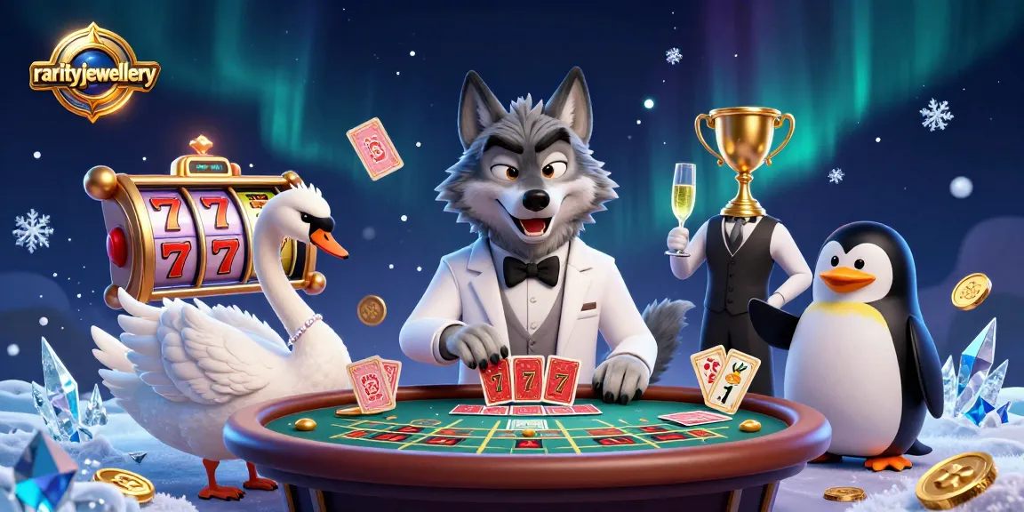 Experience luxury gaming with rarityjewellery, featuring 3D characters in a vibrant casino scene with slot reels and gold coins.