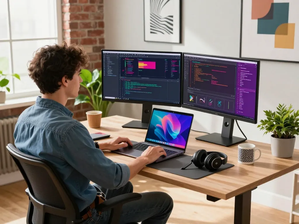 Dynamic workspace showcasing a developer using Moltbot AI for coding and software design in a bright, modern office.