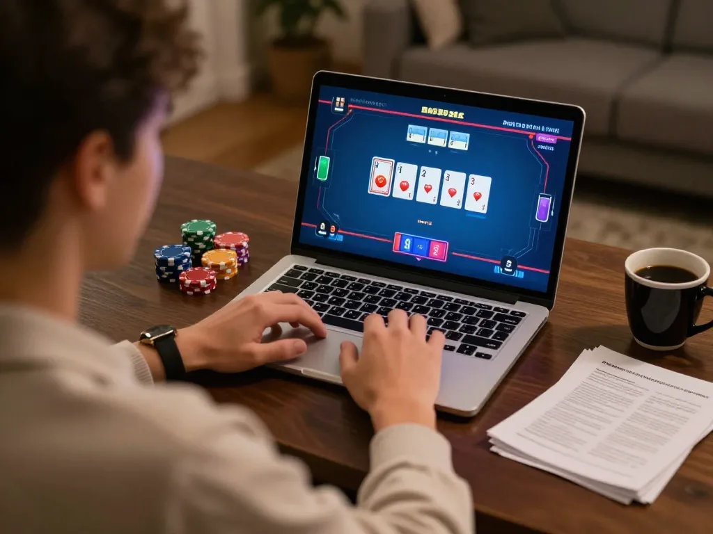 Experience strategic poker gameplay on 888vnd with focused players, illuminated screens, and cozy surroundings.