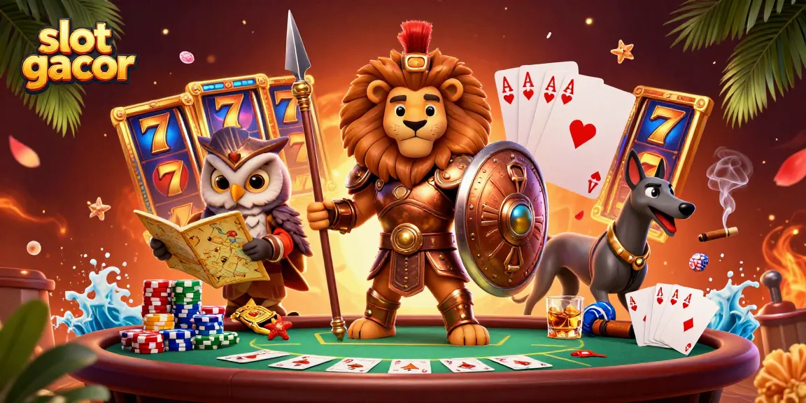 Exciting slot gacor scene featuring a Spartan lion and interactive game elements.
