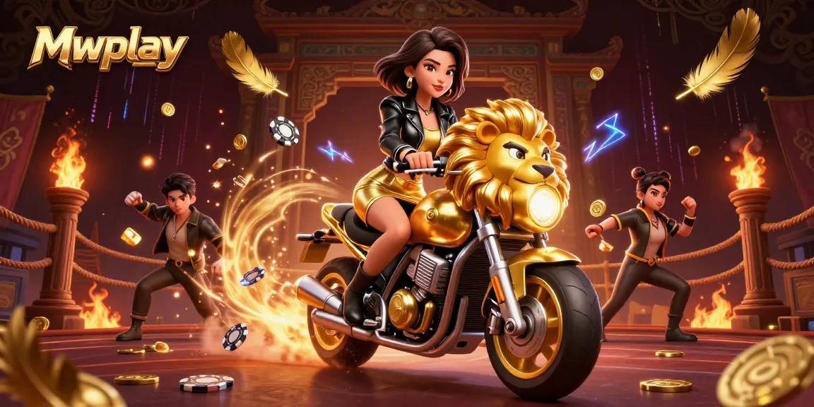 Mwplay engages players with a dynamic scene showcasing a glamorous woman on a golden lion, amidst vibrant casino elements.