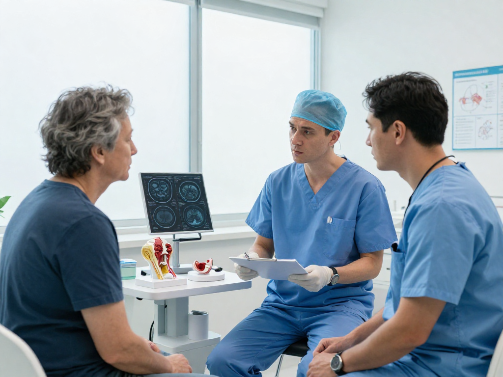 Bel fıtığı ameliyatı discussion between a surgeon and patient in a modern clinic.
