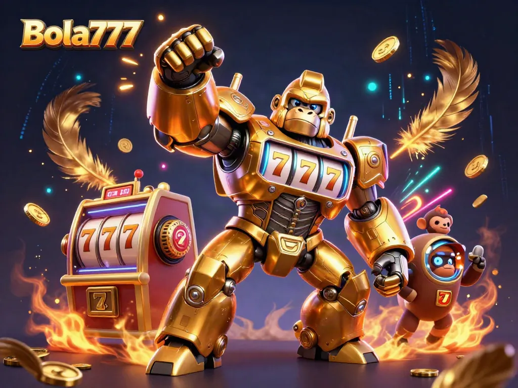 Bola777: Mecha gorila emas robot bermain di arena judi slot dengan efek visual memukau.
