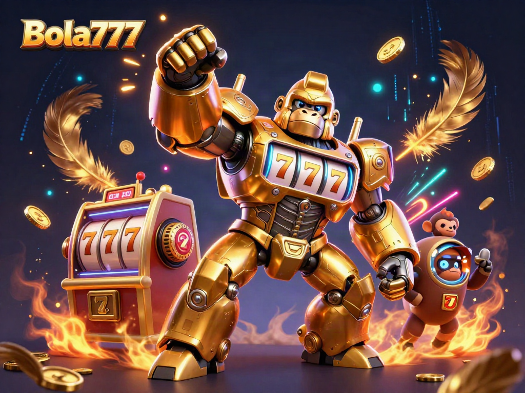 Bola777: Mecha gorila emas robot bermain di arena judi slot dengan efek visual memukau.