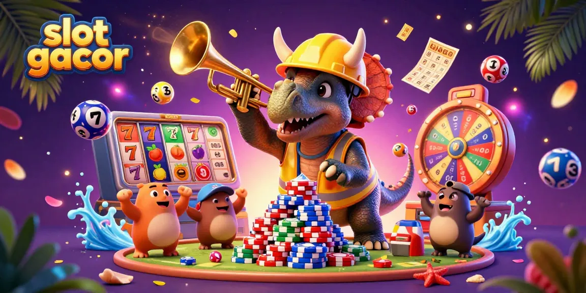 Engage in the thrilling slot gacor experience with a vibrant 3D casino scene featuring playful dinosaurs.