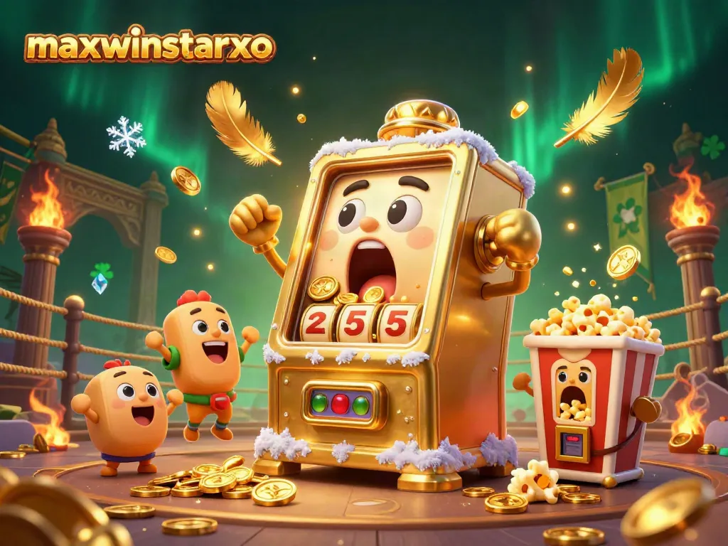 Spin to win with maxwinstarxo's vibrant slot machine scene full of lucky jackpots and cheering characters.