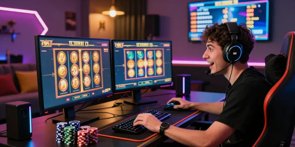 Excited player enjoying slot jackpot games on dual monitors with vibrant gaming accessories.