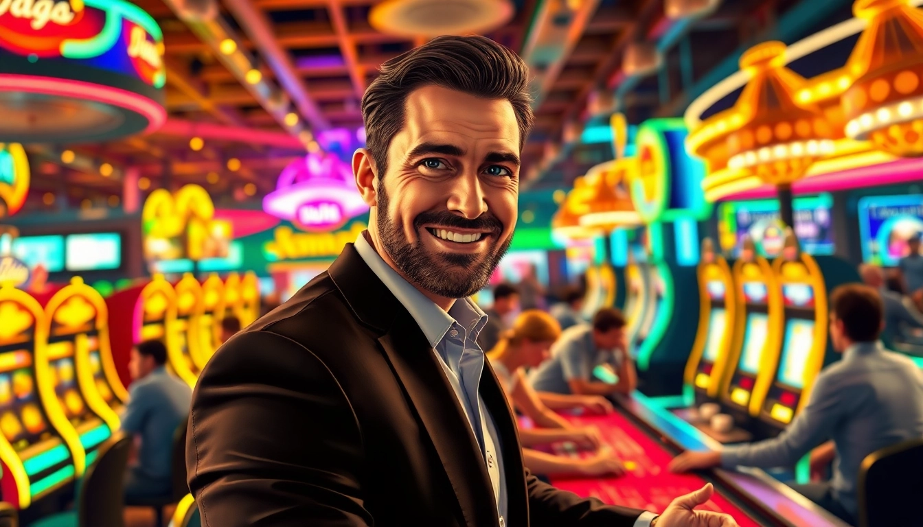 Vegas hero captivating players at a lively casino table in a vibrant atmosphere.