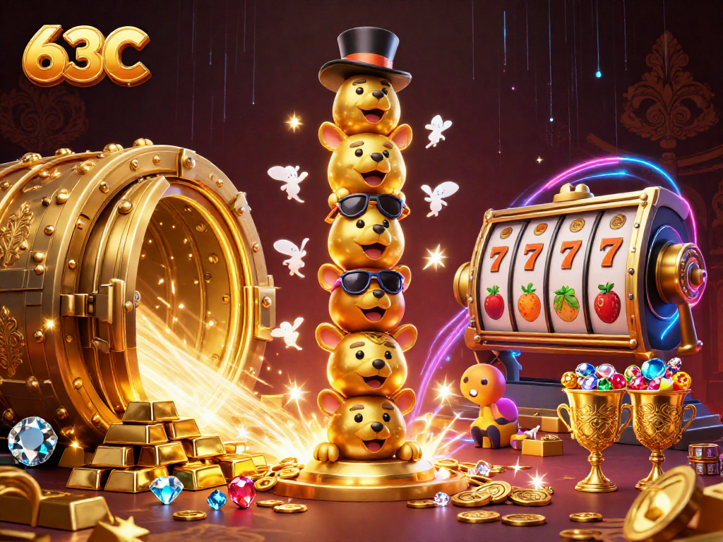 63C revela jackpot em uma cena vibrante com totem e símbolos de caça-níqueis.