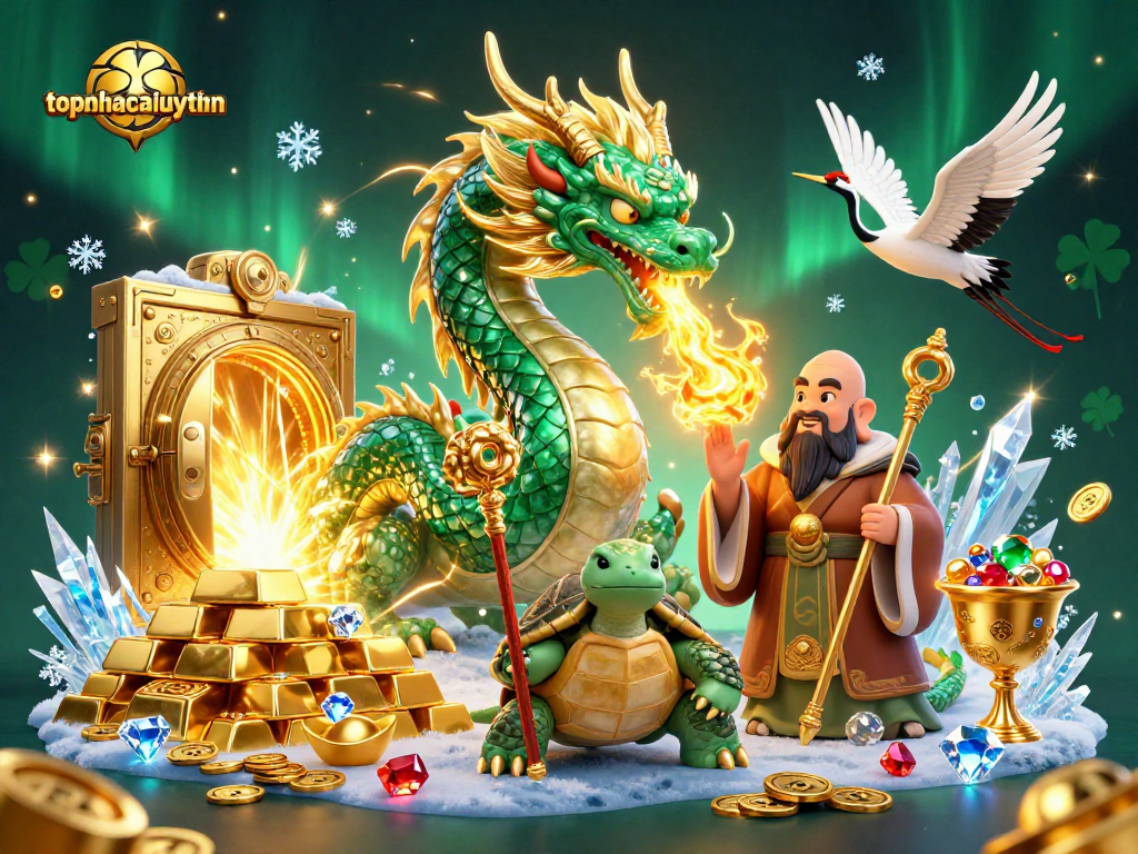 Experience thrilling gameplay with topnhacaiuytinn as jade dragon and turtle sage surround golden treasures.