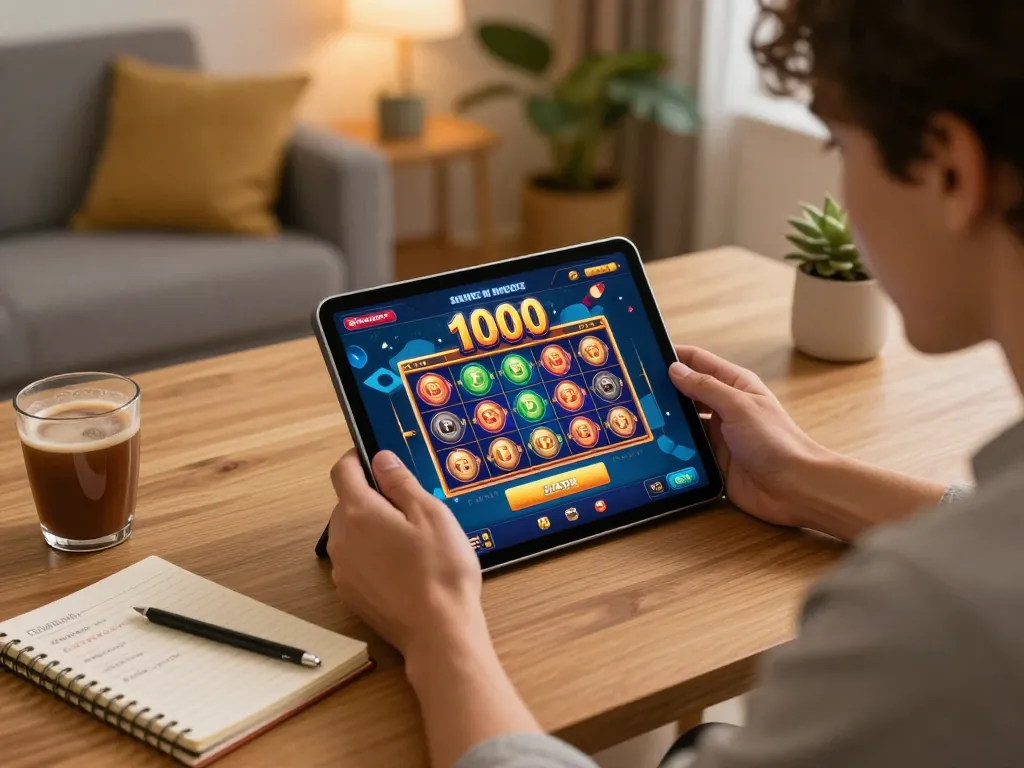 Player engaged in slot deposit 1000 gaming session on a tablet in a cozy home office, showing excitement and strategy.