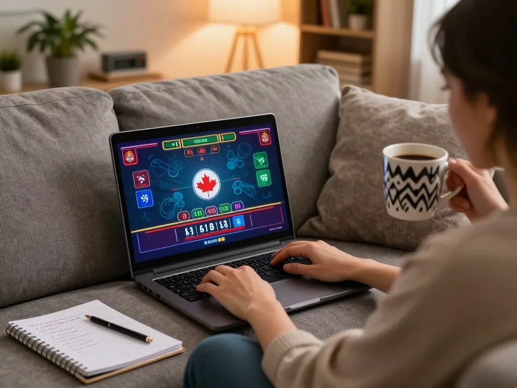 Engaging in online casinos in Canada, a player analyzes betting strategies in a cozy living room.