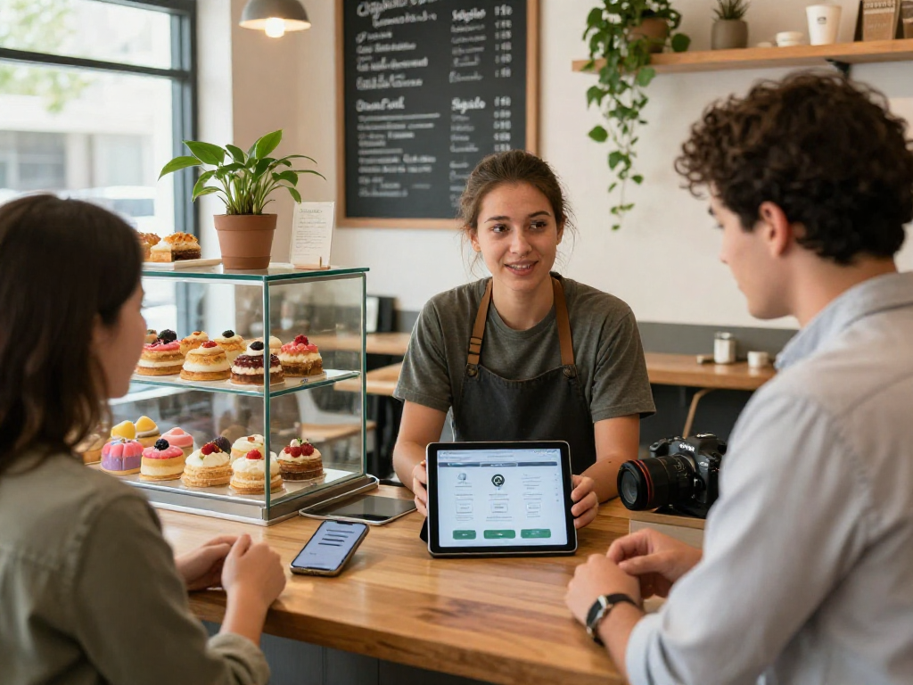 Owner engaging with customers using a loyalty application at a vibrant coffee shop.
