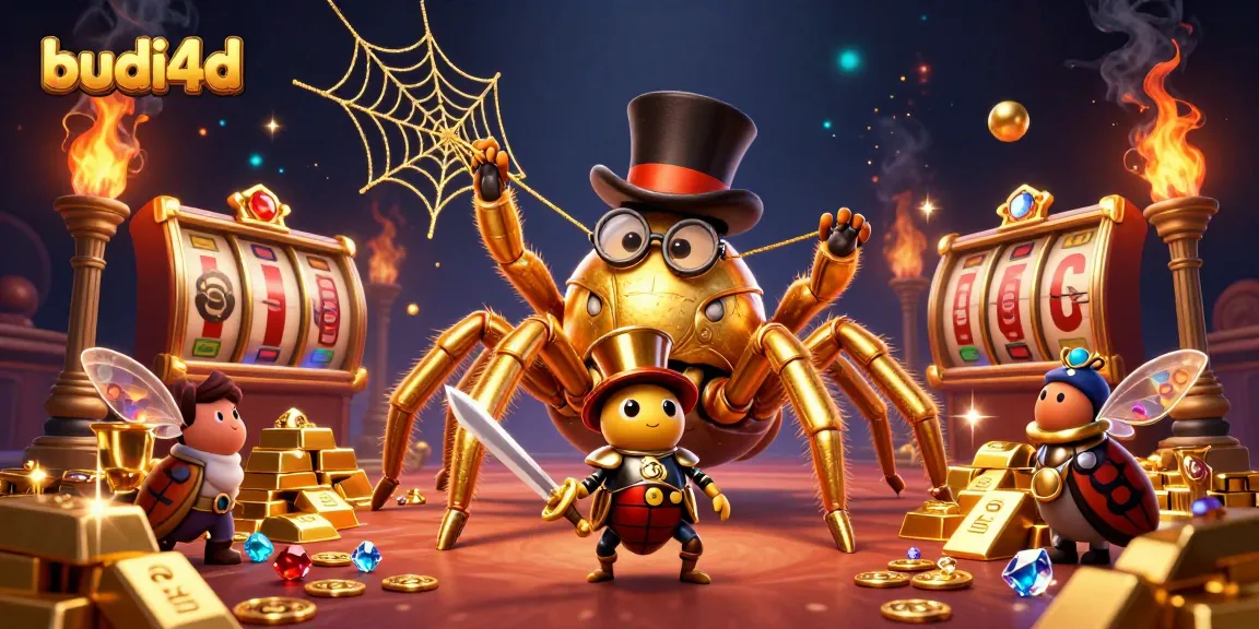 BUDI4D showcases a vibrant casino scene with golden tarantulas and beetle knights amid spinning slot reels.