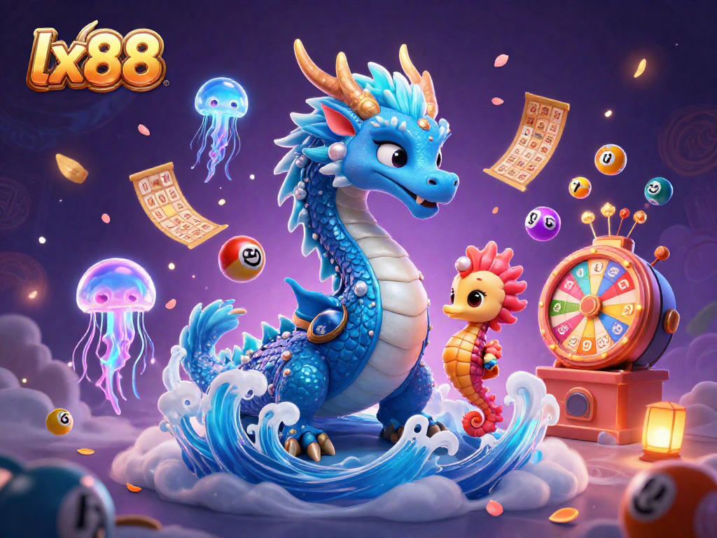 Experience thrilling gameplay with lx88's vibrant casino scene featuring a dragon and colorful lottery elements.