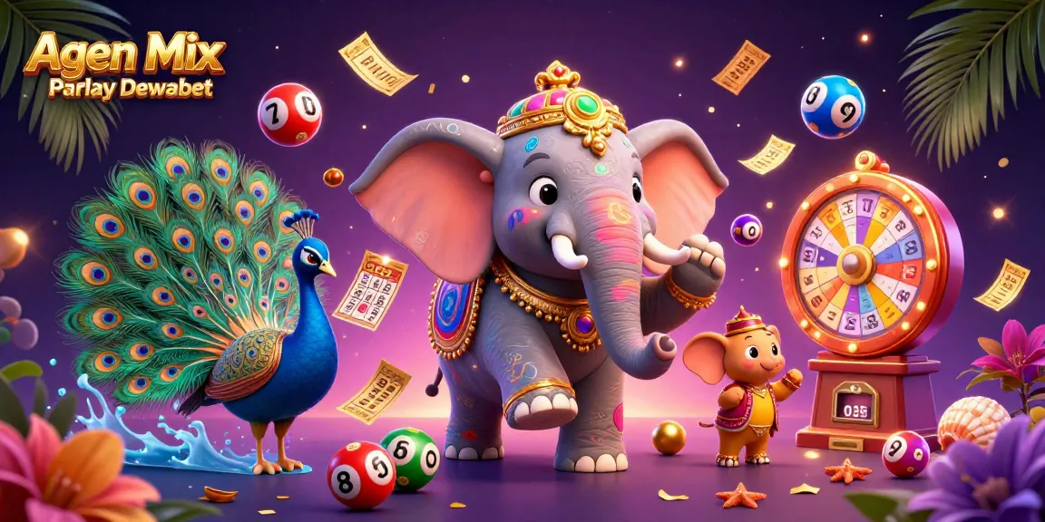 Agen Mix Parlay Dewabet showcases a vibrant 3D scene with a Diwali-themed elephant, peacock, and lottery elements, illustrating dynamic betting action.