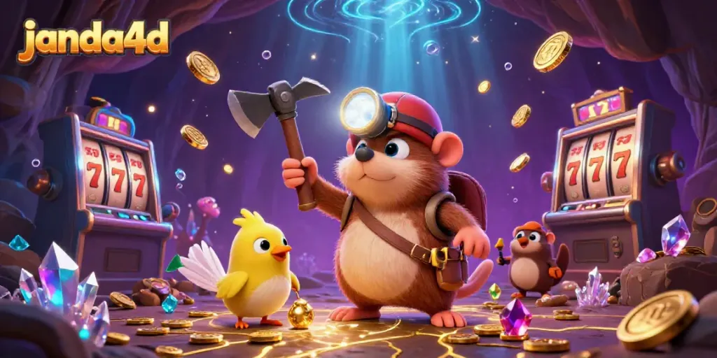Permainan slot janda4d dan penemuan harta karun oleh mole di ilustrasi 3D penuh warna.