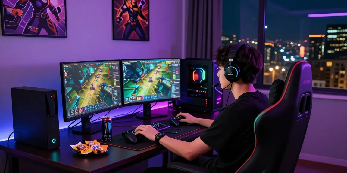 Immersed gamer enjoying the tashan win game with dual monitors in an exciting atmosphere.