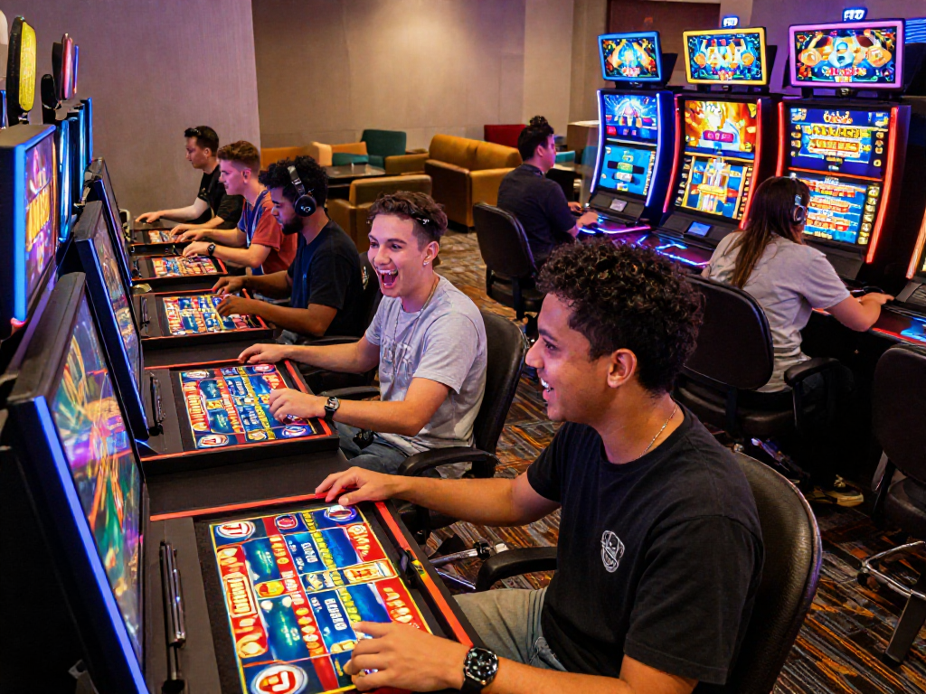 Exciting pasaran togel online gaming scene with diverse players at vibrant gaming stations