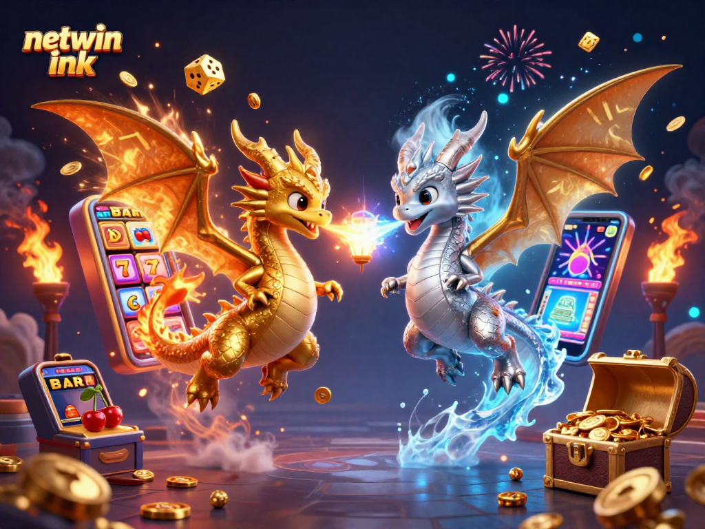 Experience the excitement of netwin ink with vibrant dragons and casino-themed elements in a dynamic scene.