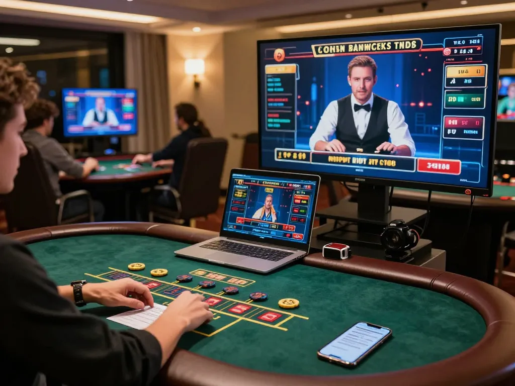 Player enjoying live dealer blackjack at vipwin, engaging with laptop and smartphone in a stylish room.