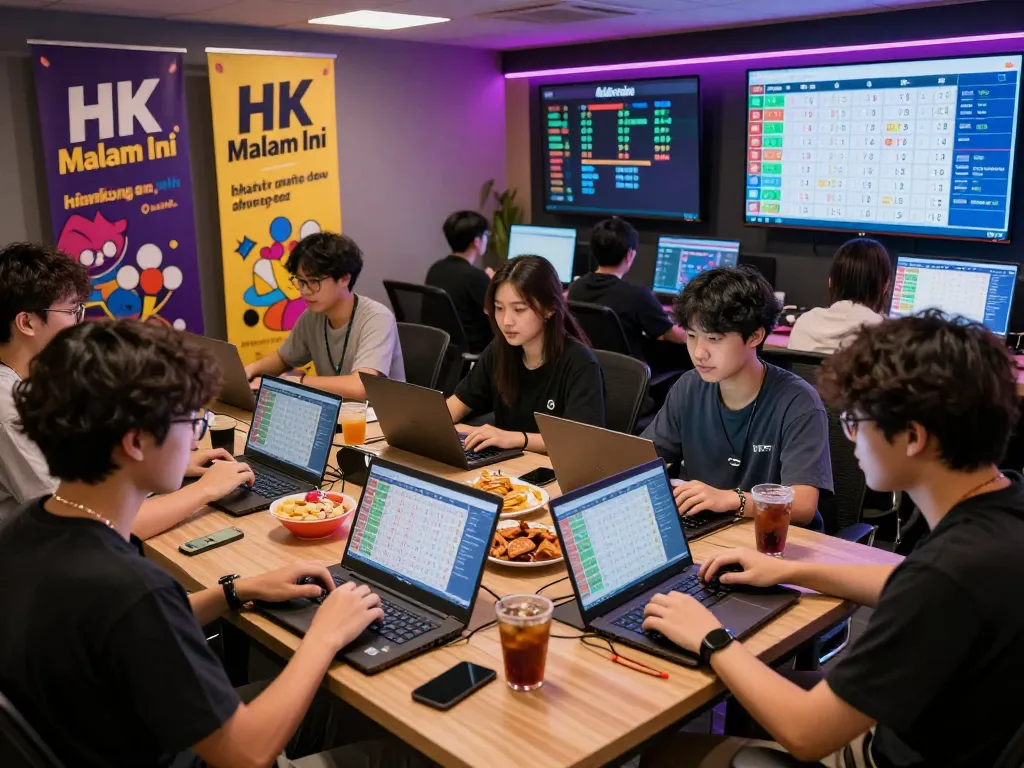 Exciting gaming scene analyzing HK Malam Ini lottery results with diverse players focused on real-time data.