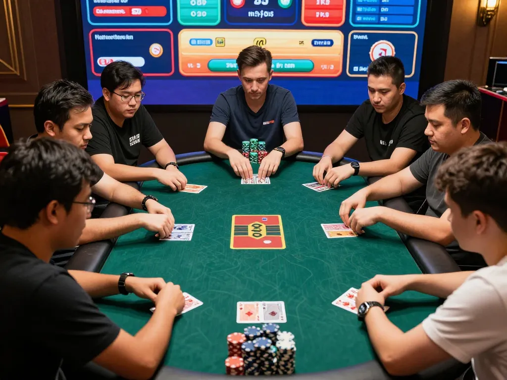Engaged players strategizing in Poker Uang Asli Dominobet during online gameplay, showcasing competitive atmosphere.