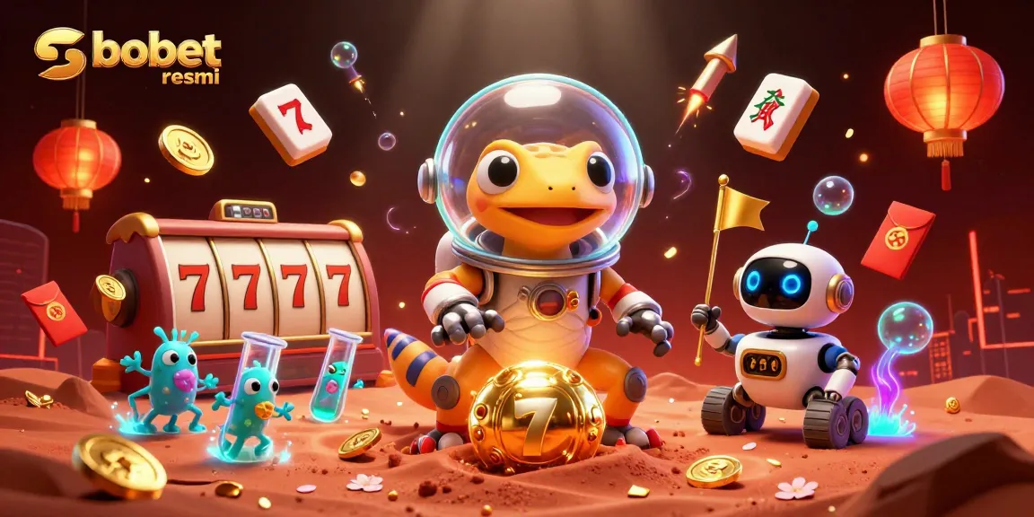 Engage with sbobet resmi while witnessing a Martian gecko's thrilling casino discovery amidst vibrant game elements.
