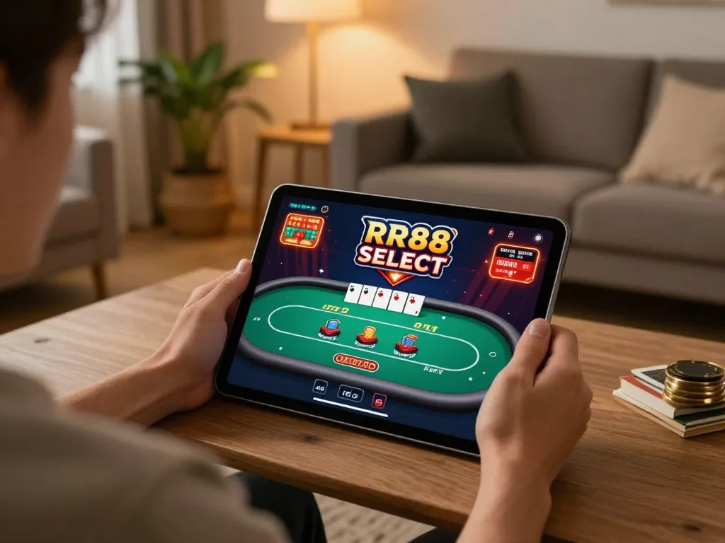 Engaging in RR88 SELECT online casino gameplay on a cozy tablet setup, showcasing a vibrant poker table.