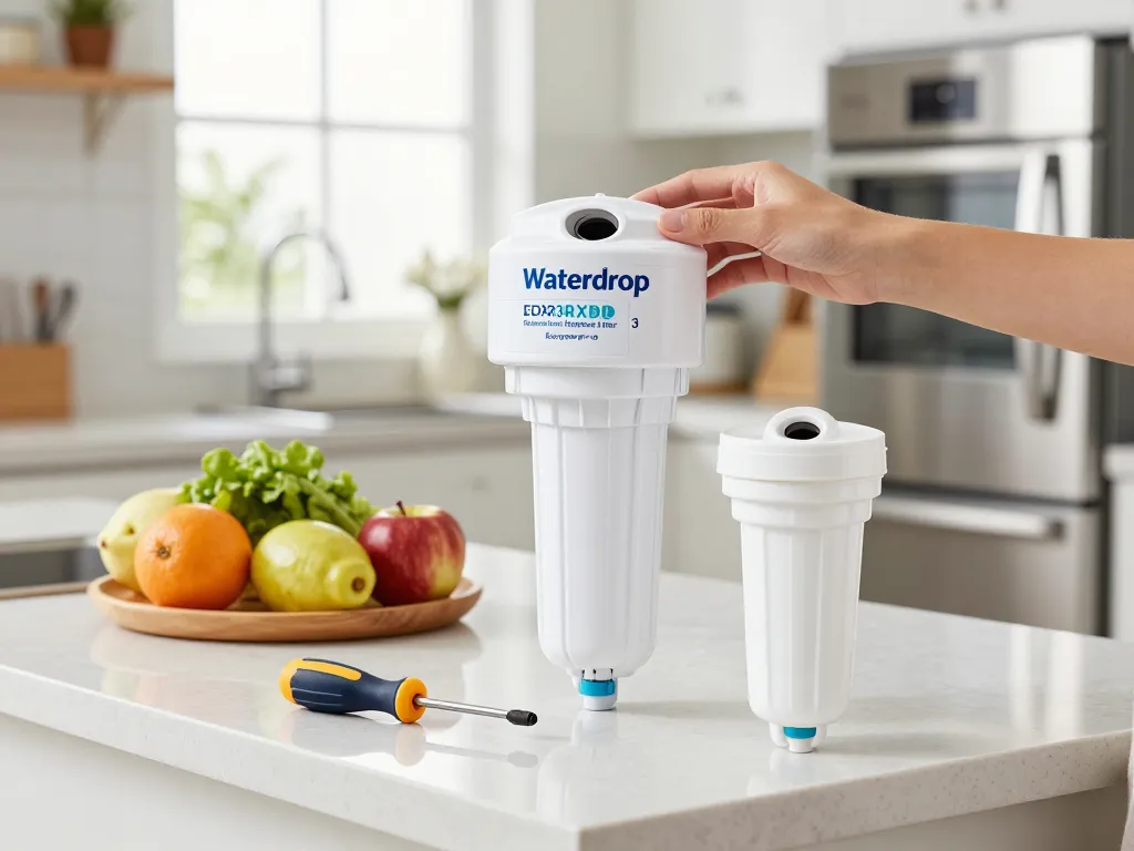 Replacing the Waterdrop EDR3RXD1 Replacement for Everydrop® Filter 3 in a bright kitchen to ensure clean drinking water.