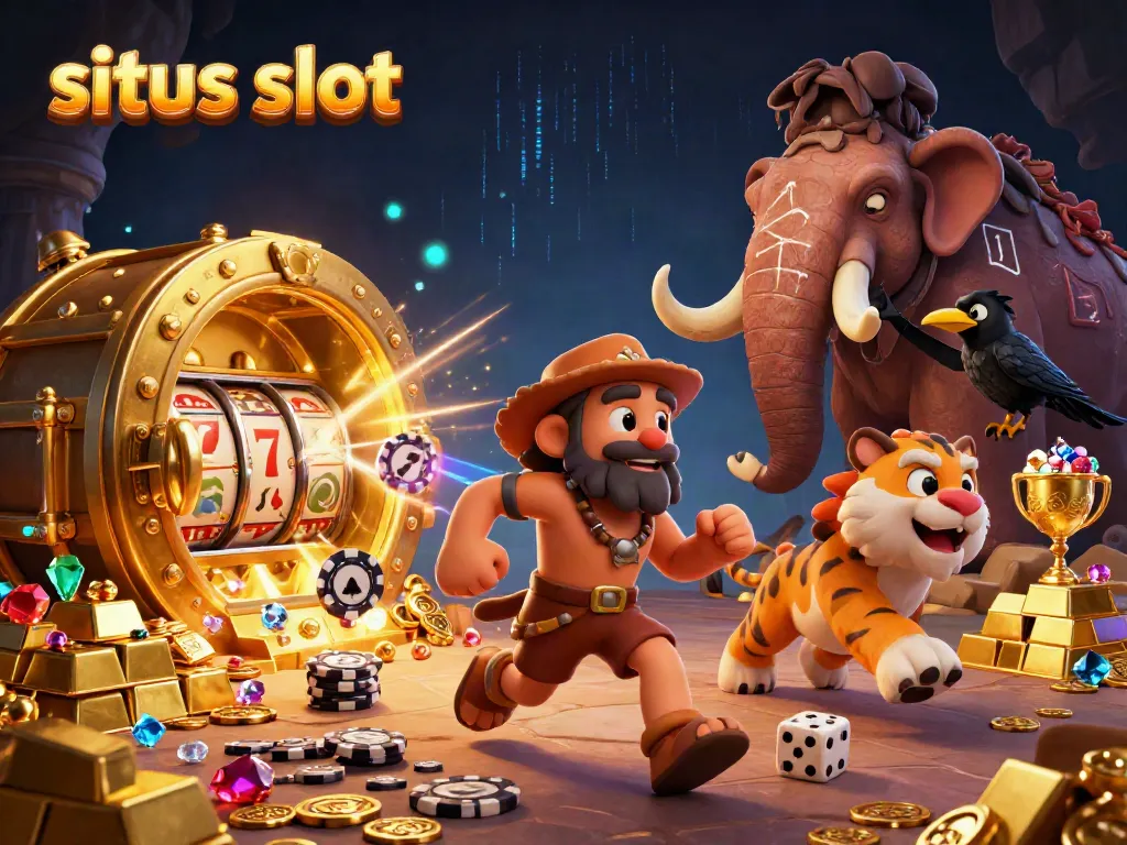 Experience situs slot in a lively scene featuring a caveman and a sabertooth tiger managing a prehistoric casino.