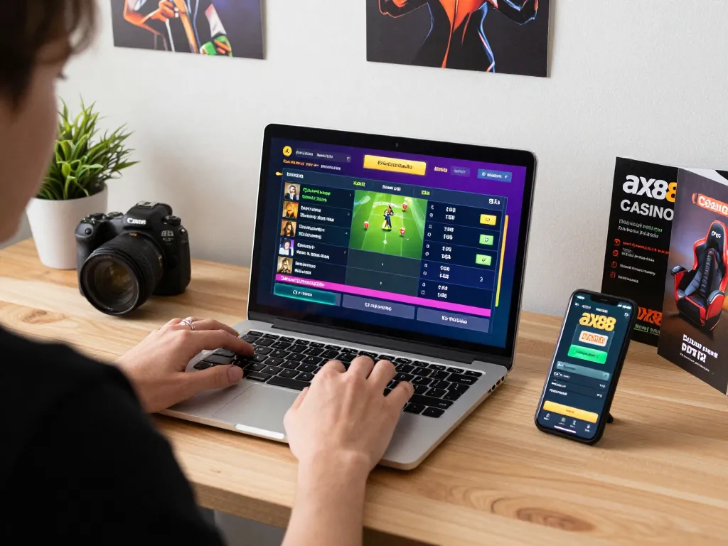 Engaging live sports betting on ax88 casino app with focused player at modern desk.