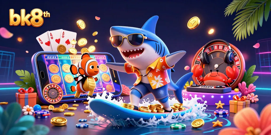 Engage with bk8th through a vibrant 3D casino scene featuring a shark, clownfish, and crab amid casino elements.