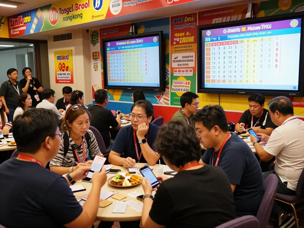 Players eagerly checking results for HK Malam Ini at Hongkong Pools live draw event.