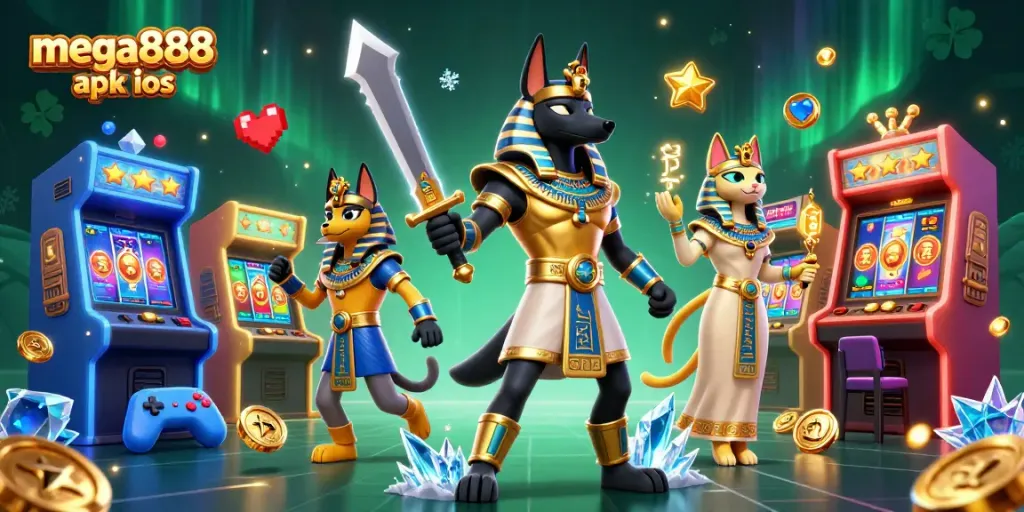 Spin the Mega888 APK iOS slots with Anubis amidst vibrant arcade game elements and glowing symbols.