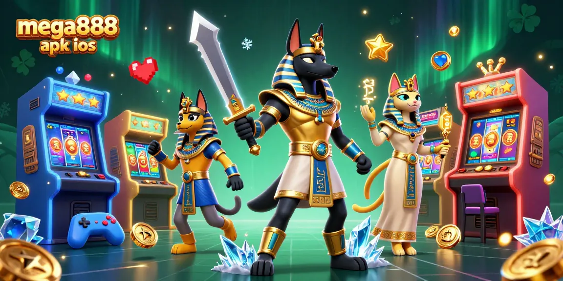 Spin the Mega888 APK iOS slots with Anubis amidst vibrant arcade game elements and glowing symbols.
