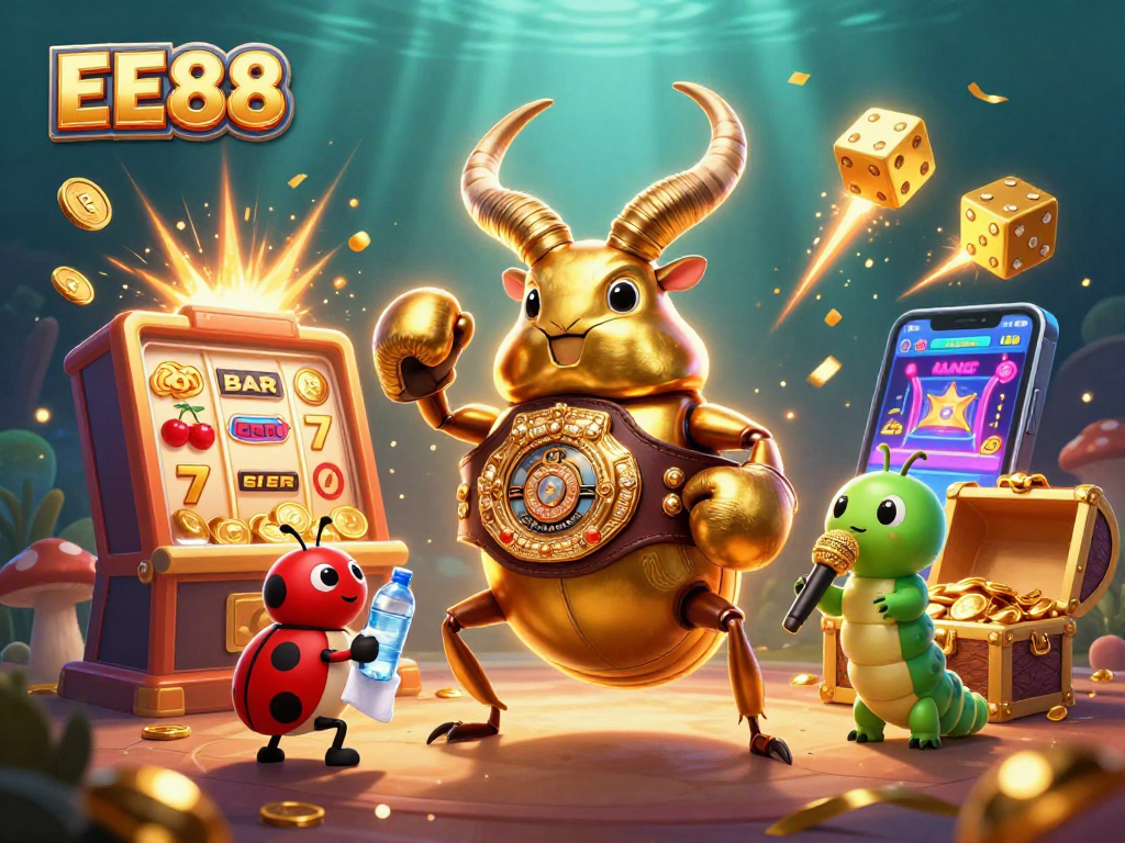 Join the excitement at EE88, featuring a golden stag beetle boxer amid jackpot chaos!