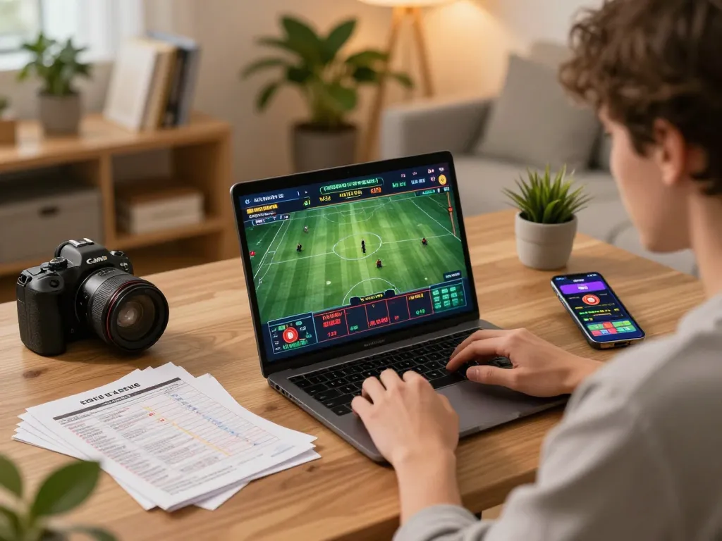 Engaging in sports betting at home using 777x app on laptop, highlighting strategic gameplay.