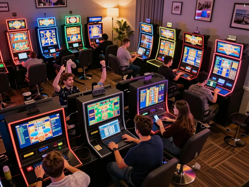 Pemain menikmati slot online DEWI88 dalam pengaturan permainan di rumah yang penuh warna, menangkap keseruan kemenangan digital
