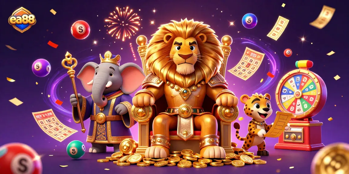 Experience the thrilling world of ea88 with a vibrant 3D casino scene featuring a royal lion king.