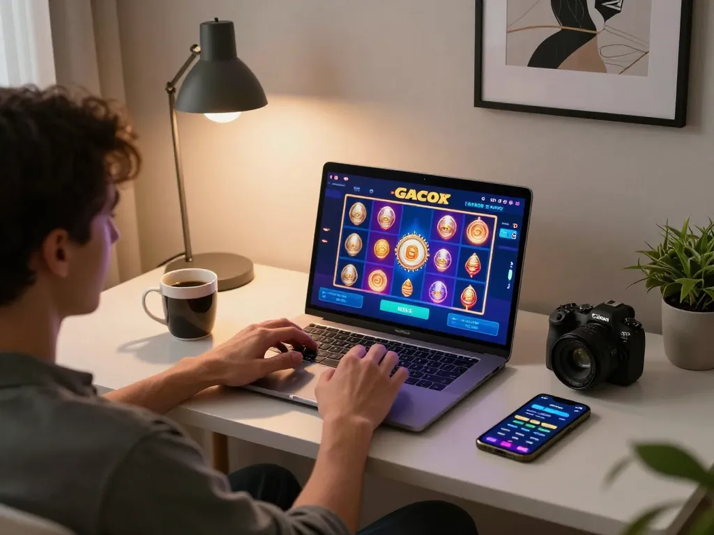 Engaged player enjoying slot gacor gameplay on a laptop at home desk, demonstrating responsible gaming.
