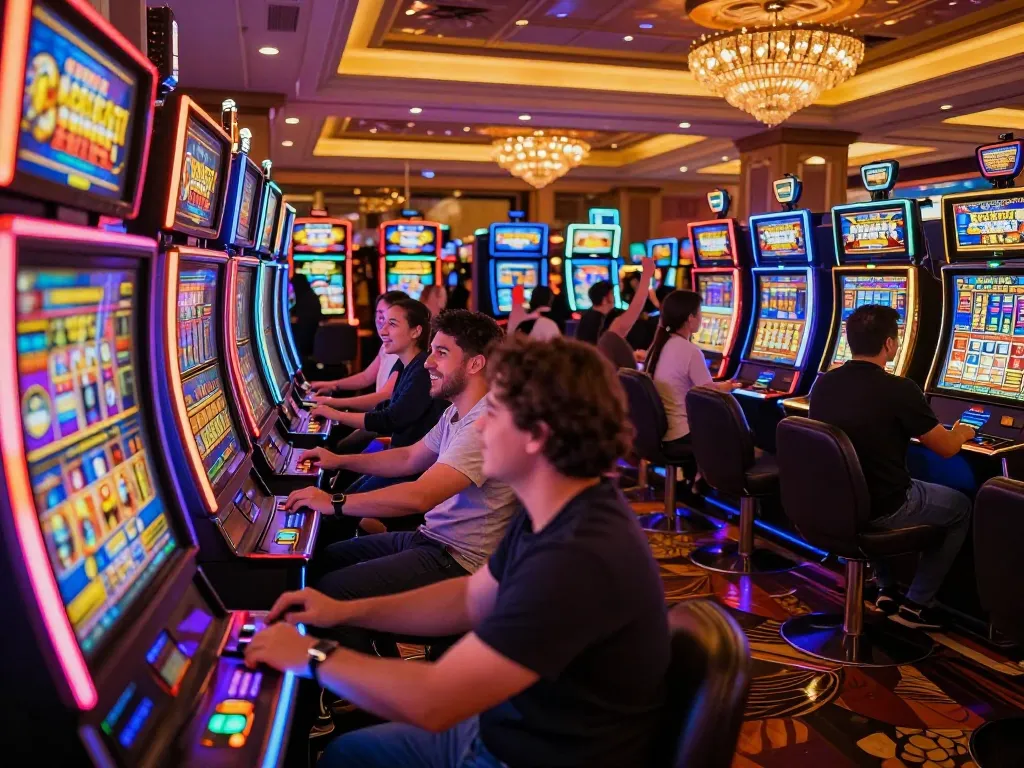 Players enjoying thrilling slot gacor games at a vibrant casino floor, excitement palpable amidst colorful lights