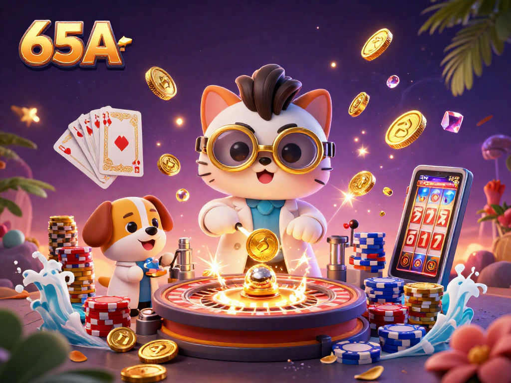 O 65A traz um cientista gato e um cachorro assistente em um laboratório de slots e moedas.