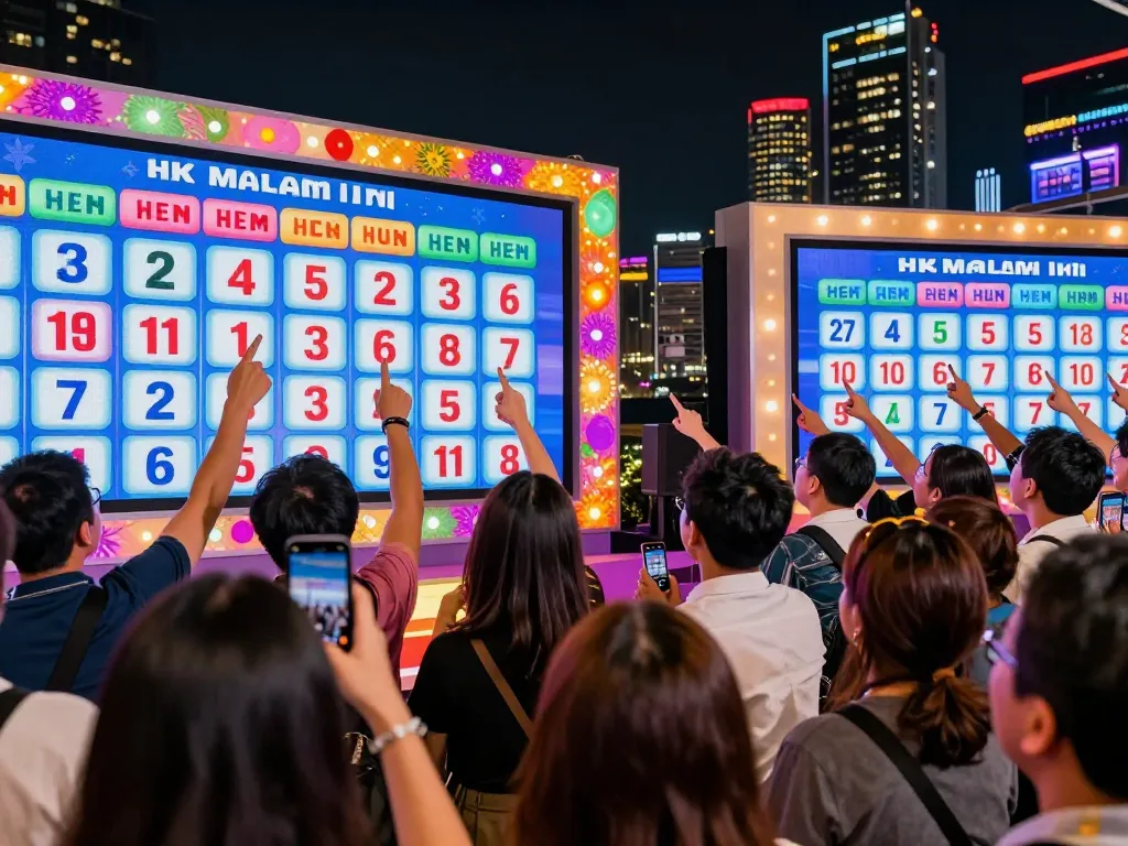 Exciting scene of viewers celebrating HK Malam Ini lottery results, vibrant atmosphere.